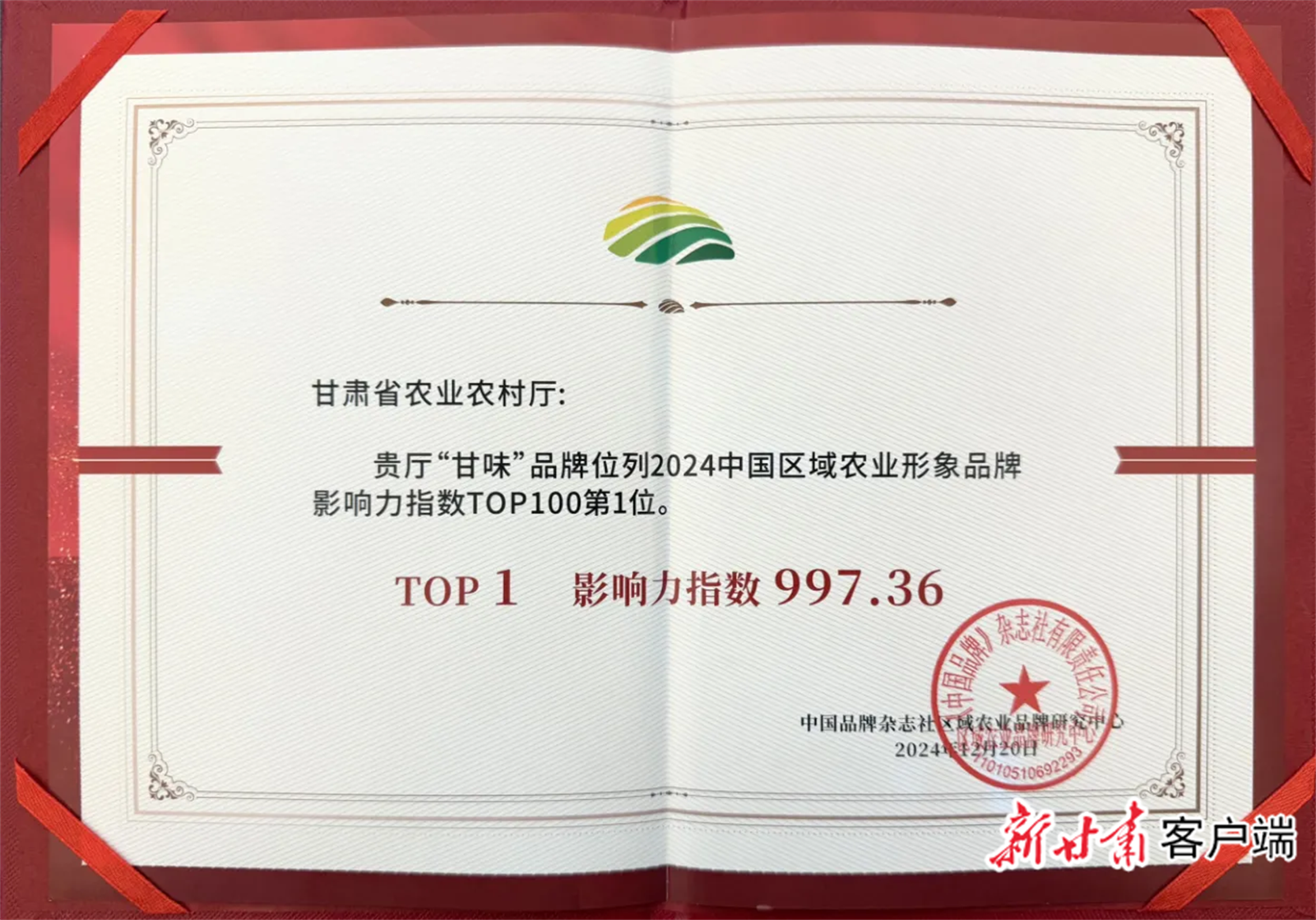 “甘味”品牌荣获2024年中国区域农业形象品牌影响力指数TOP100第1位，摘得“四连冠”。甘味品牌中心供图