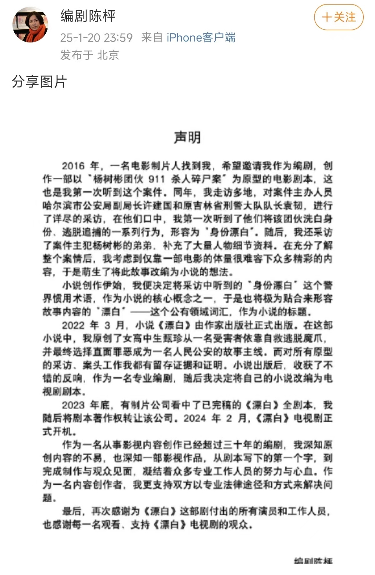 编剧陈枰再次否认爱奇艺《漂白》抄袭:根据一手采访资料编写,与深度报道并不冲突!