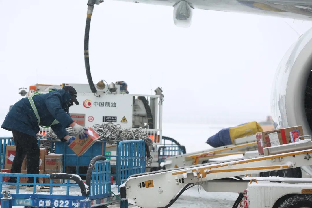 兰州机场行李装卸人员正在将货物有序运至机下　陈吉扬　摄