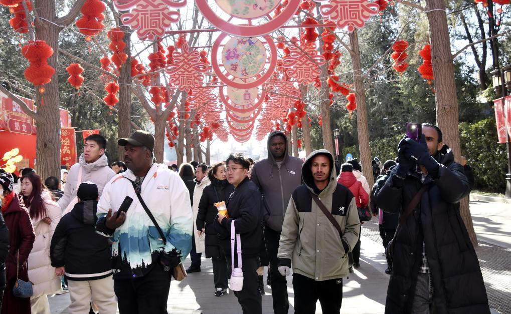 2月3日，外国游客逛地坛春节文化庙会。新华社记者李欣 摄