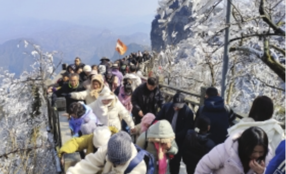 2月3日，农历大年初六，天门山景区游人如织，大家纷纷观赏雪后美景，乐享新春。图/通讯员田贵学