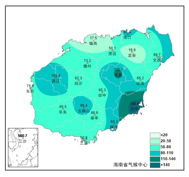 2024年5月海南省降雨距平百分率空间分布图（单位：%）