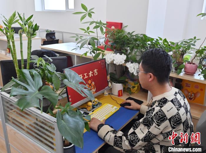 2月14日，吉林长春，一名员工将工位改造成“森系工位”。　张瑶 摄
