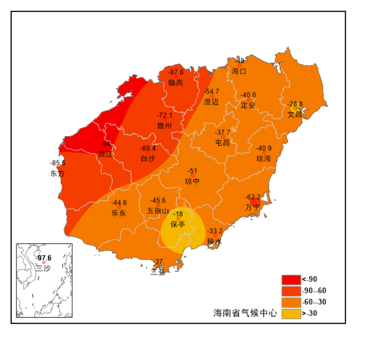 2024年8月海南省降雨距平百分率空间分布图（单位：%）