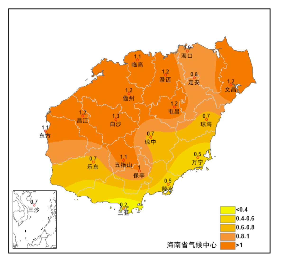 2024年海南省各地年平均气温距平的空间分布图（单位：℃）