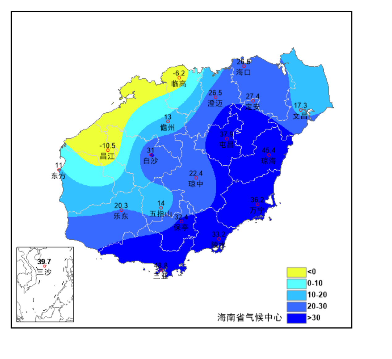 2024年海南省各地年降雨量距平百分率的空间分布图（单位：%）