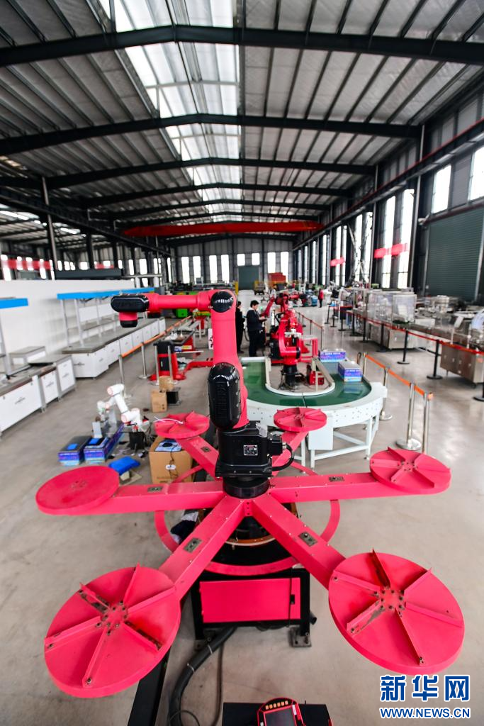 近日，位于江西省万载县工业园区的龙恩智能装备有限公司生产车间里，工人在对机器臂订单进行系统编程。新华网发 邓龙华 摄