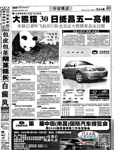 《信息日报》刊发熊猫“南南”定居南昌的报道