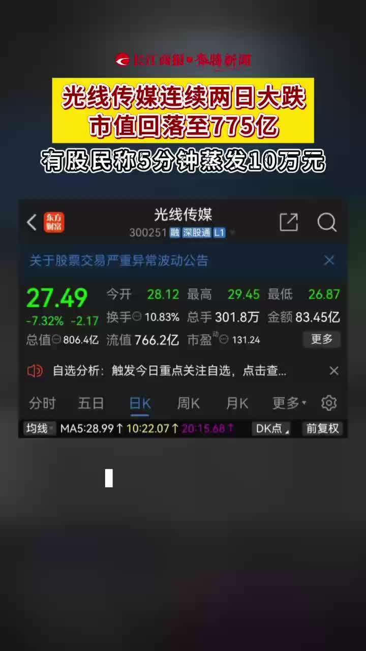 光线传媒连续两日大跌 市值回落至775亿 股民称5分钟蒸发10万元  #光线传媒