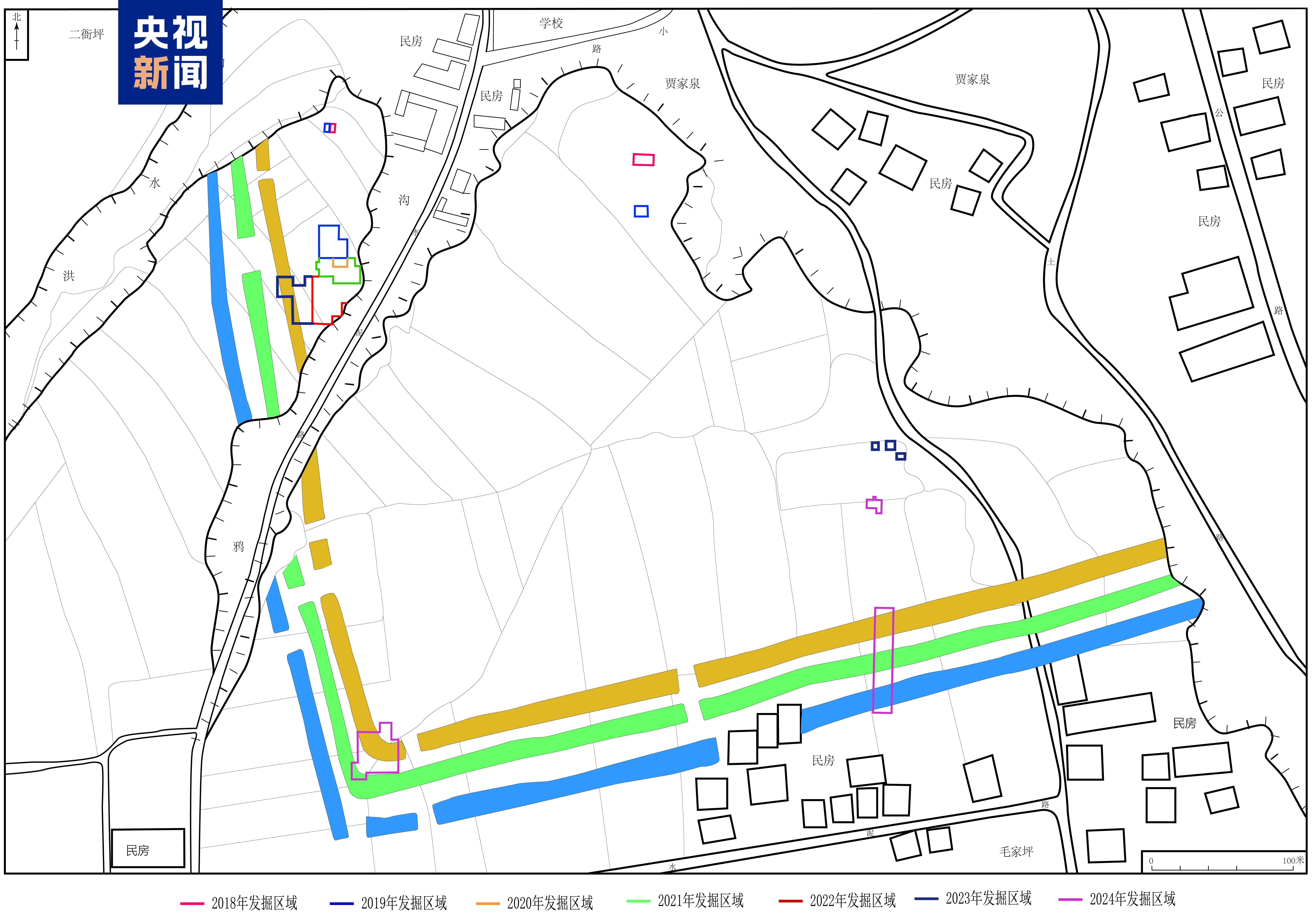 寺洼遗址历年发掘区及“围壕(沟)”分布图
