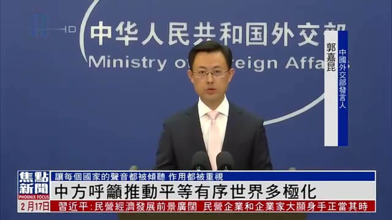 中国外交部呼吁推动平等有序世界多极化