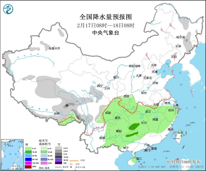 全国降水量预报图(2月17日8时-18日8时)