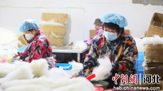 图为2月28日，在南宫市垂杨镇崔村南宫市罗康毛毡有限公司生产车间，工人正在加工毛毡球。 周奎宇 摄