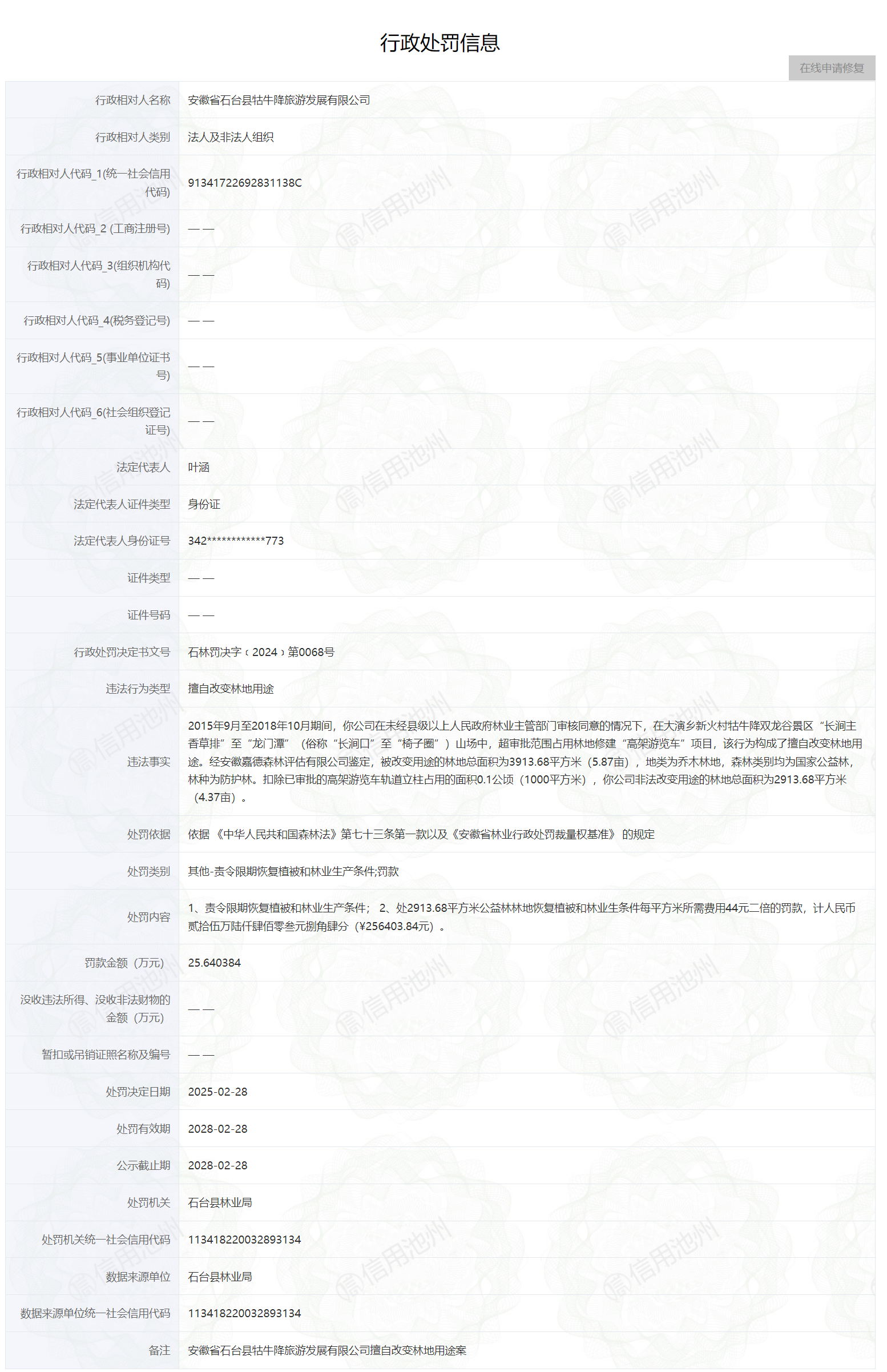 擅自改变林地用途 安徽石台牯牛降旅游发展公司被罚超25万