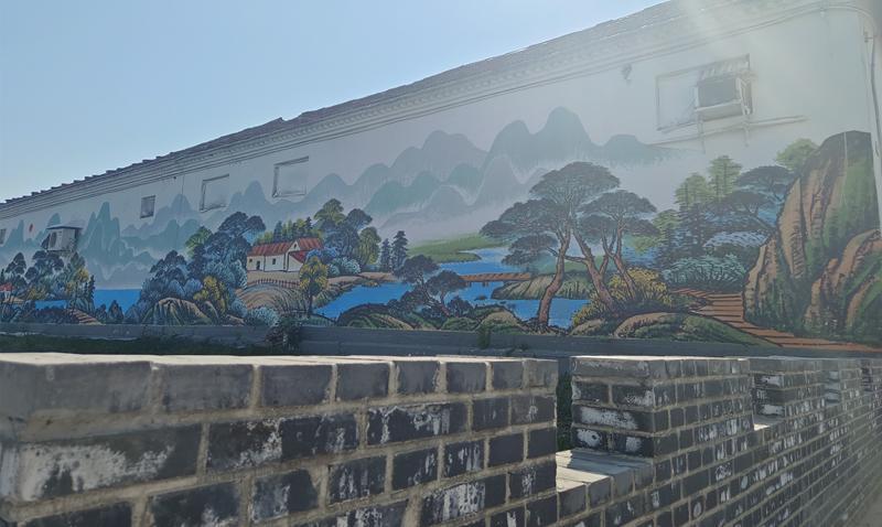 淄博市周村区南郊镇韩家窝村田园风光墙绘体现浓郁乡村气息。 新华网记者 唐斓 摄