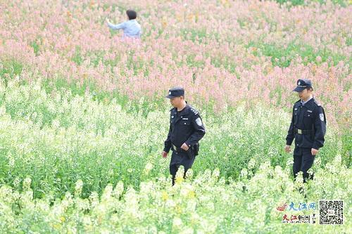 遂川县公安局枚江派出所民警在邵溪村七彩油菜基地向游客进行反诈宣传，提示游客注意安全。（摄影：林绍龙、罗文斌）