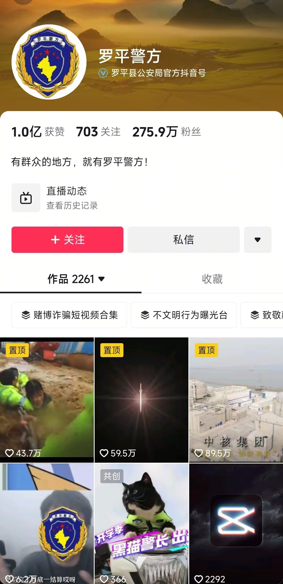 目前，“罗平警方”官方号已是拥有275万粉丝的大号。网页截图