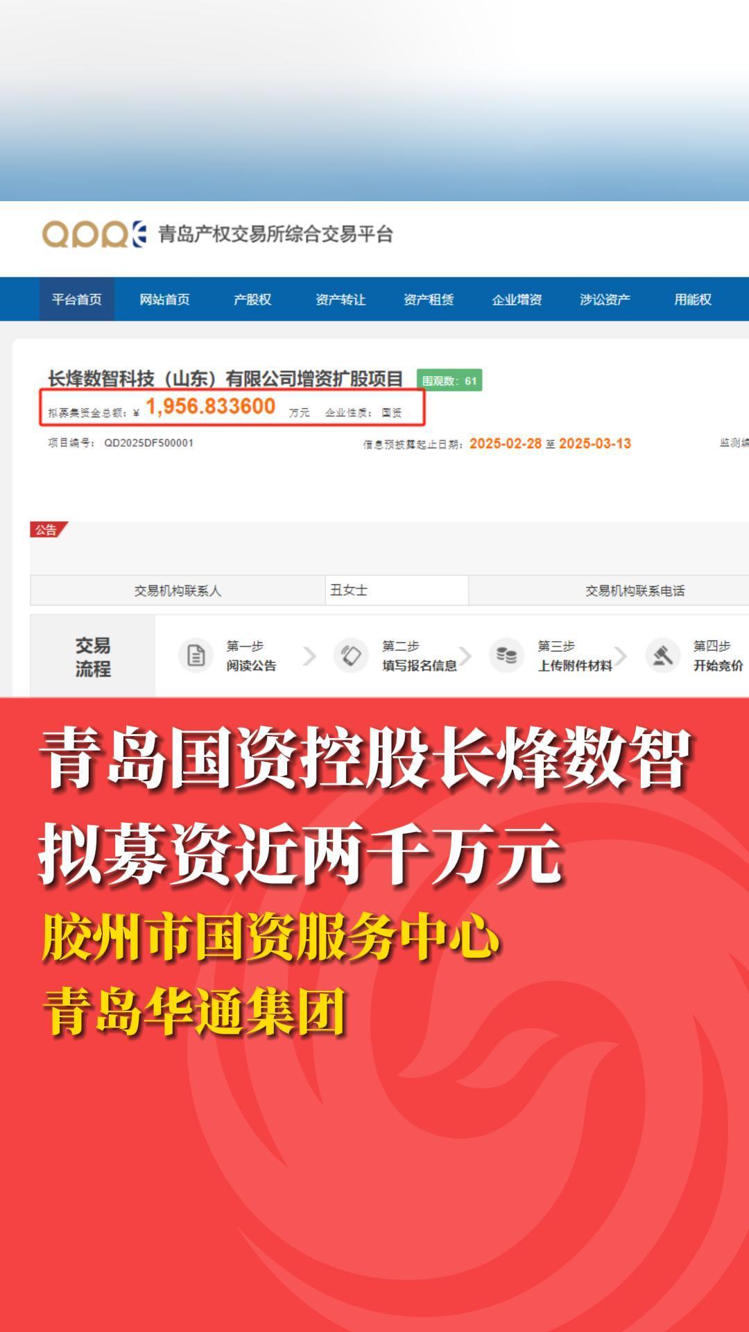 青岛国资控股长烽数智拟募资近两千万元