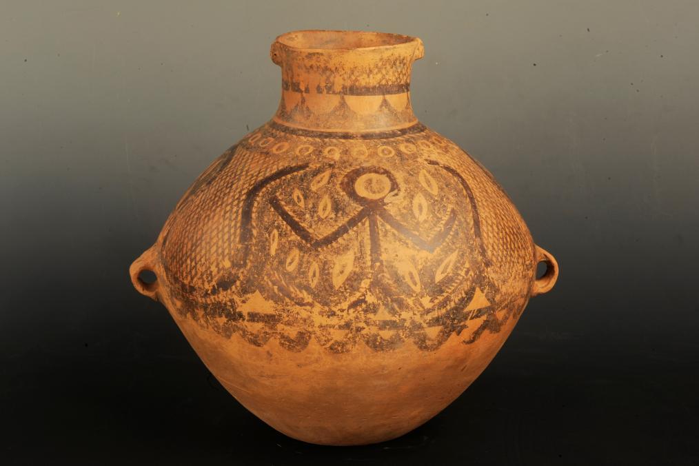 △马家窑文化半山类型的葫芦网格纹彩陶双耳罐 新华社发