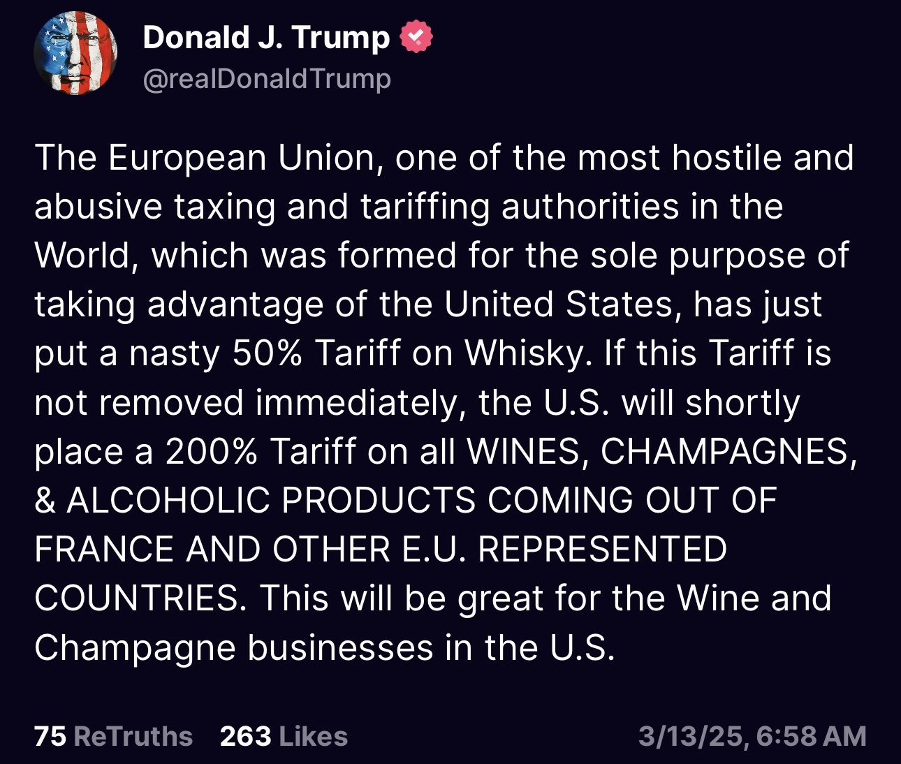 特朗普威胁对欧盟酒类产品征收200%的关税