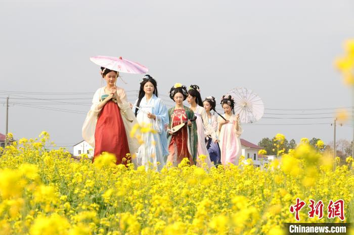 身着汉服在“花海”中拍照打卡的游客。　熊锦阳 摄