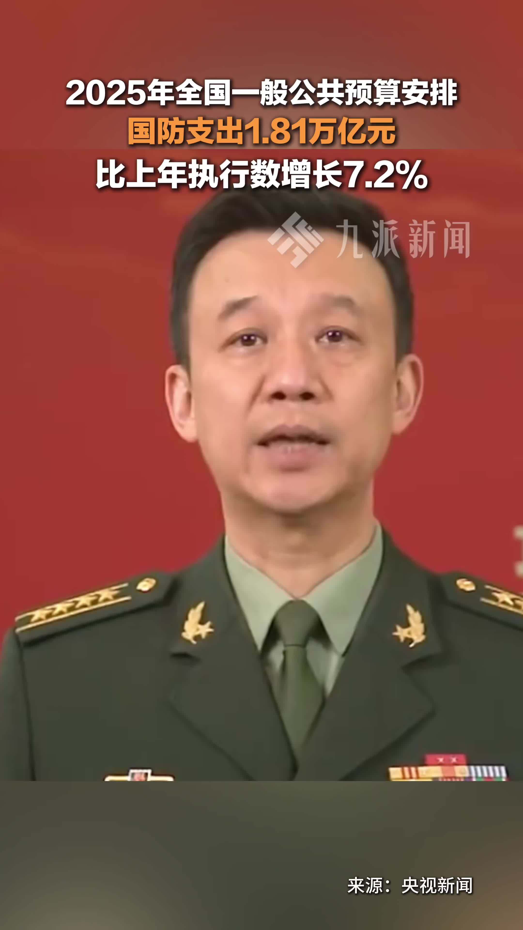2025年全国一般公共预算安排国防支出1.81万亿元，比上年执行数增长7.2%