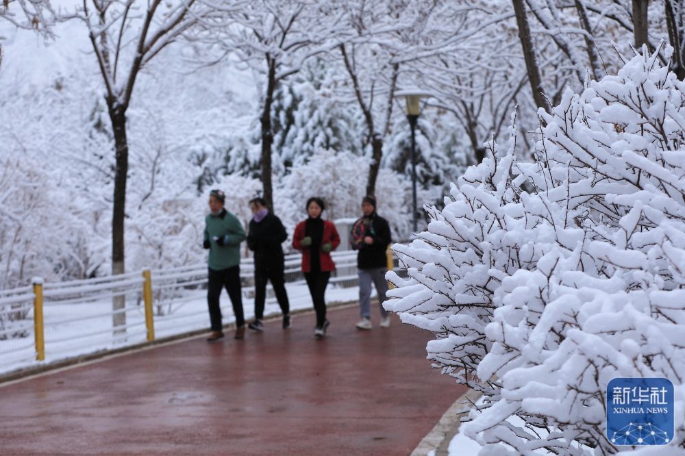 ↑3月14日，市民在雪后的甘肃省定西市安定区生态园跑步晨练。新华社发（陈永刚　摄）