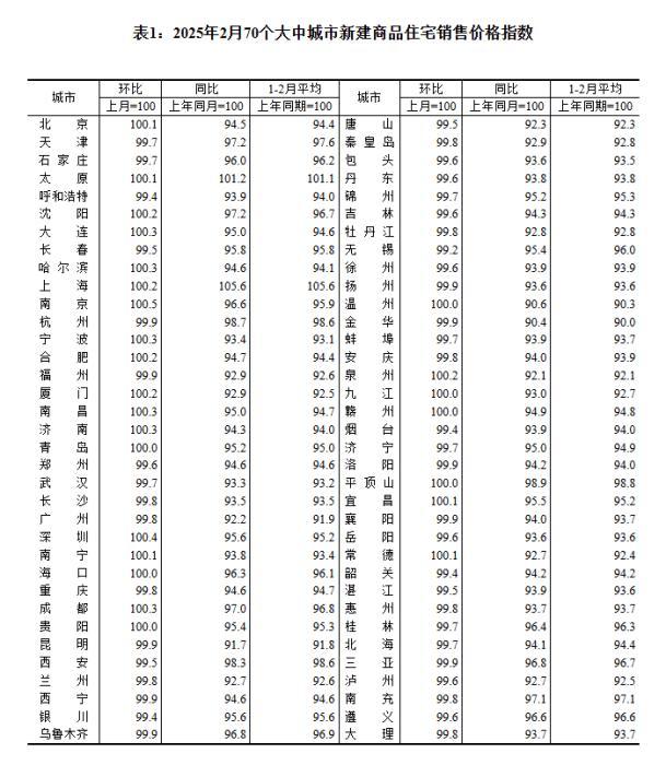 2025年2月70個大中城市新建商品住宅銷售價格指數。 截圖自國家統計局官網