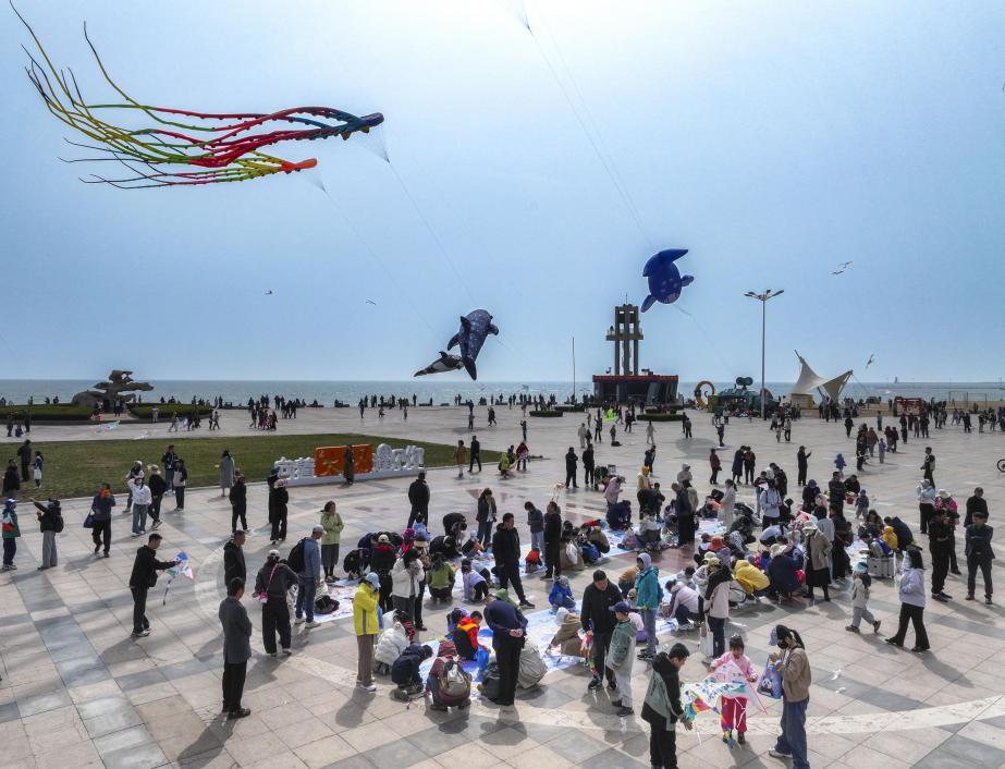 万平口平坦开阔成了放风筝的绝佳场地，市民游客尽情享受放风筝的乐趣。单英 摄