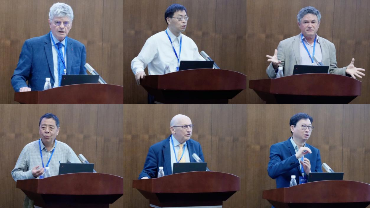 主旨演讲嘉宾发表演讲（左上至右下）：法国外交部顾问、原驻外大使、法国荣誉勋章骑士、里昂第二大学特聘教授Michel Foucher；华中科技大学公共管理学院院长张毅；法国国家发展研究院高级研究员、巴黎全球研究院院长、人口与发展中心主任Rigas Arvanitis；哈尔滨工业大学经济与管理学院教授米加宁；里昂第三大学荣誉教授、Management & Social Sciences主编Marc Bonnet；复旦大学国际关系与公共事务学院教授郑磊