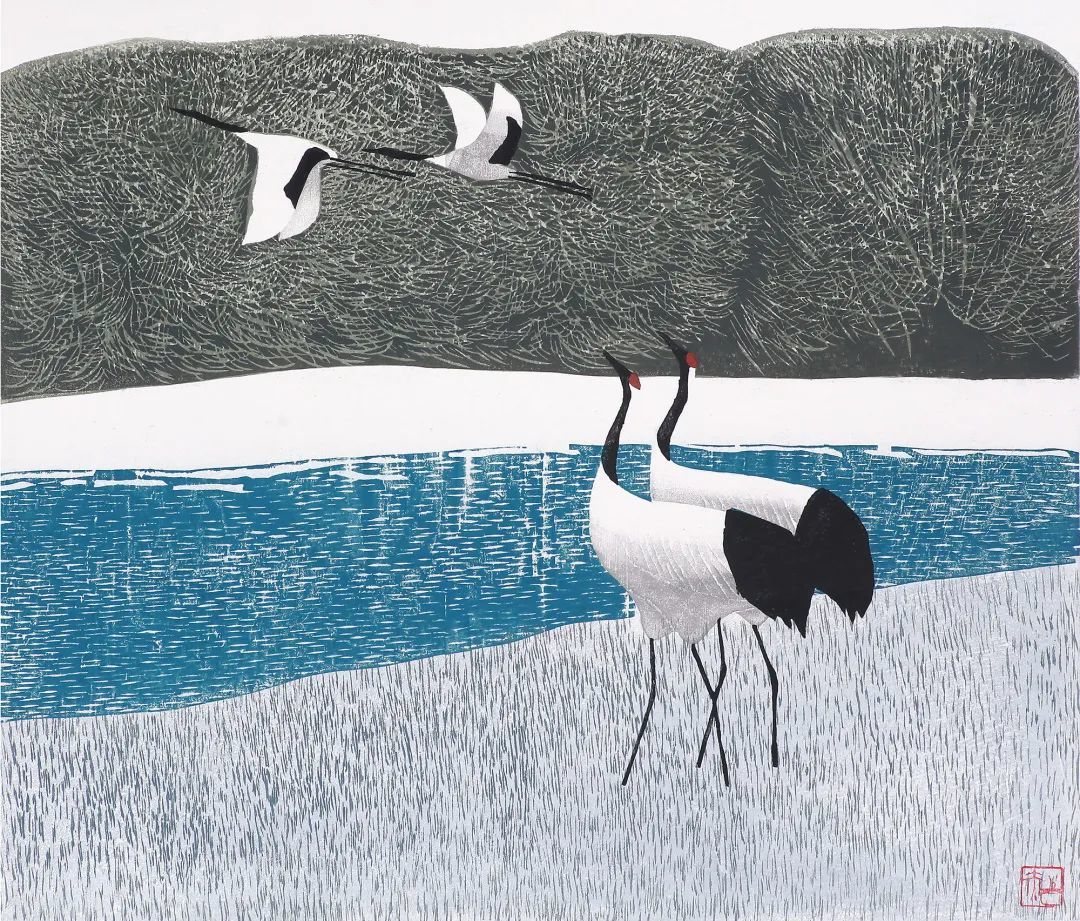 郝伯义《塞外春晓》版画2003