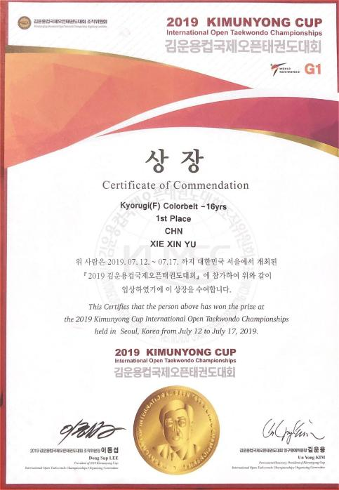 2019年金云龙杯国际跆拳道公开赛上,“勇之道”学员谢昕妤夺得第一名