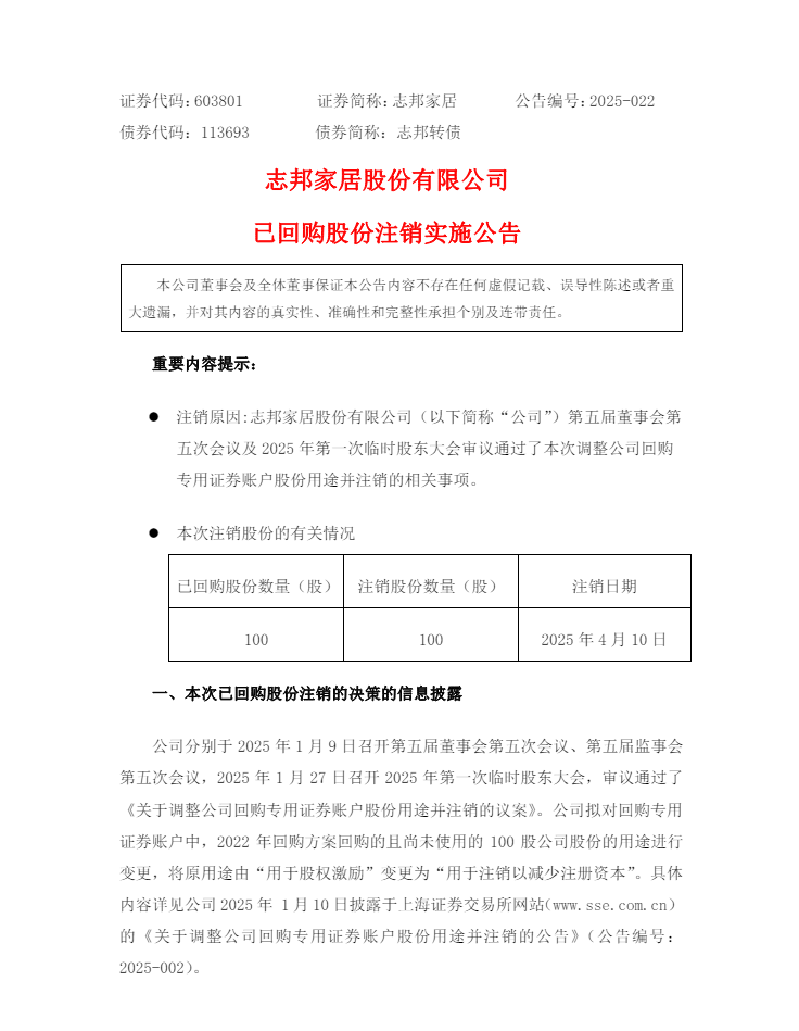 志邦家居:注销100股回购股份以减少注册资本