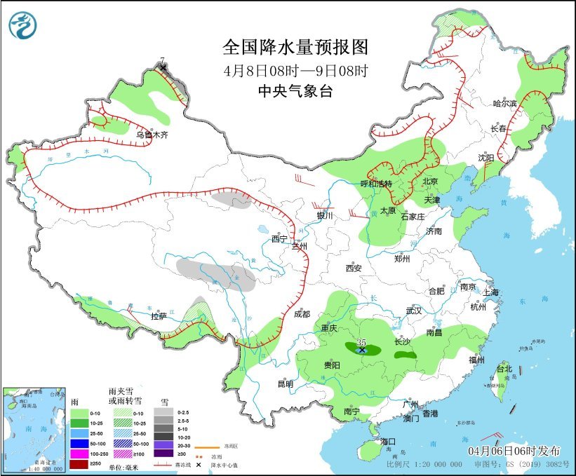 全国降水量预报图(4月8日08时-9日08时)