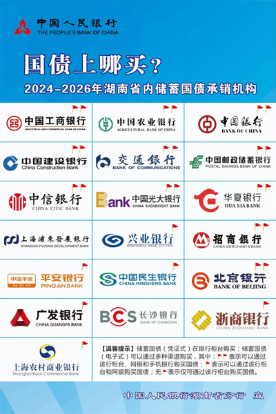 湖南居民可通过19家银行购买储蓄国债。（图片来自中国人民银行湖南省分行）