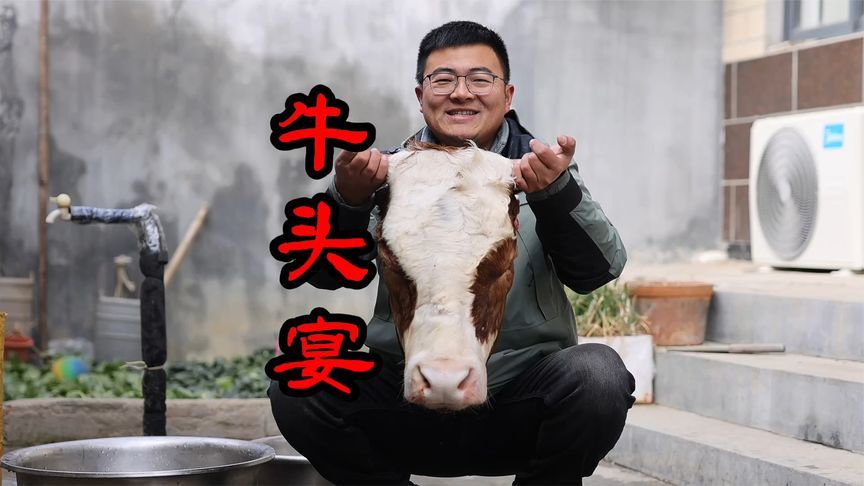 198买个33斤大牛头，做牛头宴，炖3小时，大口吃肉喝酒真爽