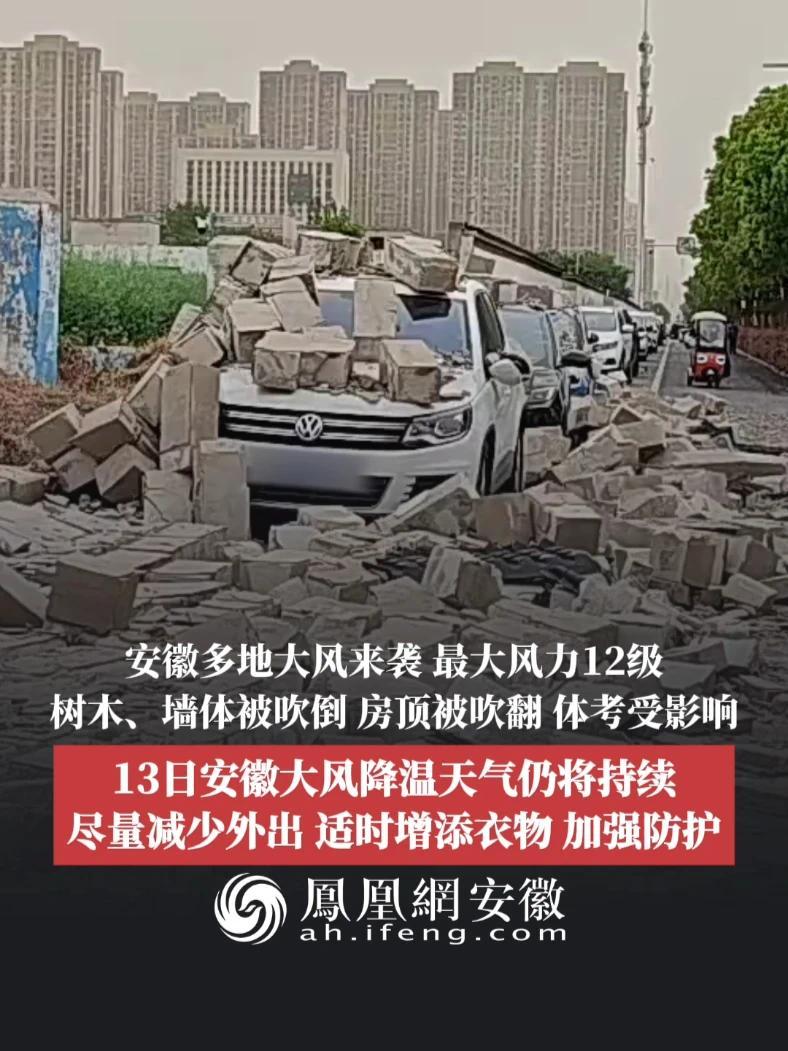 #凤观NEWS  4月12日，安徽多地大风来袭，最大风力12级，树木、墙体被吹倒，房顶被吹翻，体考受影响。13日安徽大风降温天气仍将持续，尽量减少外出，适时增添衣物，加强防护。#大风天气 #安徽天气