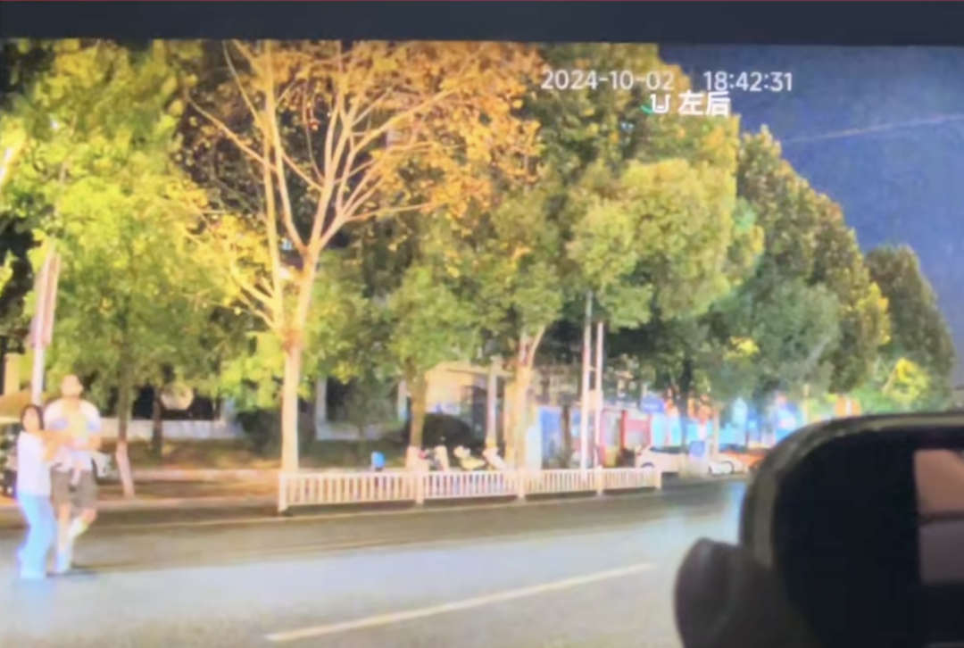 车祸前一刻，夫妻俩抱着婴儿过马路。网络截图。