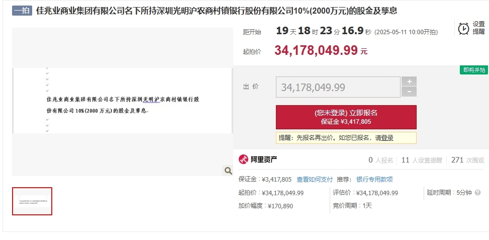 深圳沪光明村镇银行18%股权遭拍卖,第二大股东佳兆业成失信被执行人,执行标的高达9.62亿元