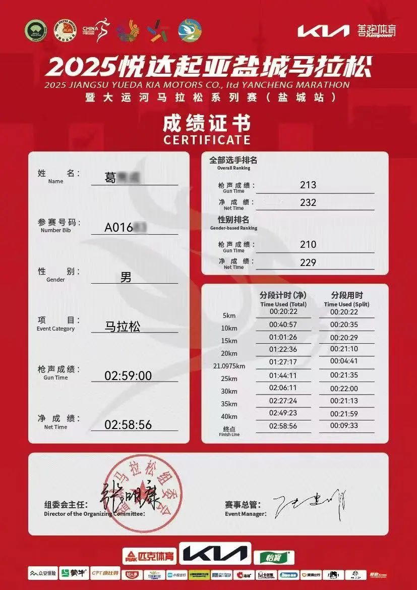 葛先生全程马拉松成绩在3小时以内。受访者供图