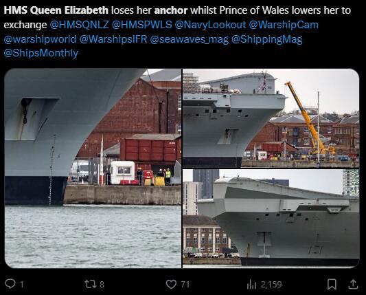 据称是社交媒体网友发现了英国海军两艘航母正疑似在“拆东锚补西锚”