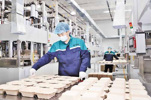 4月7日,在河北谷芮环保包装制品有限公司车间,工人在制作环保餐盒。 高阳摄
