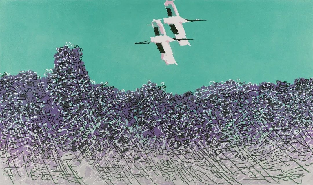 郑子江《碧水双鹤》版画2009