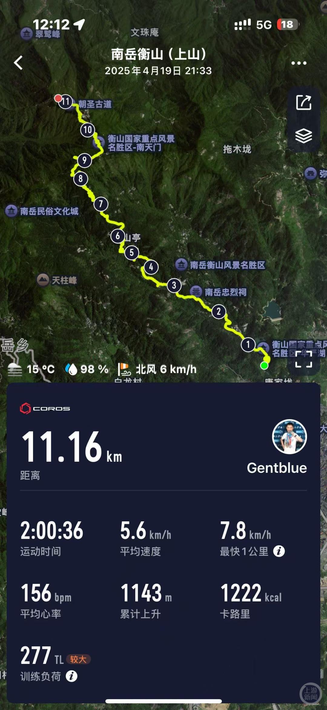 葛先生攀登南岳衡山的轨迹。软件截图