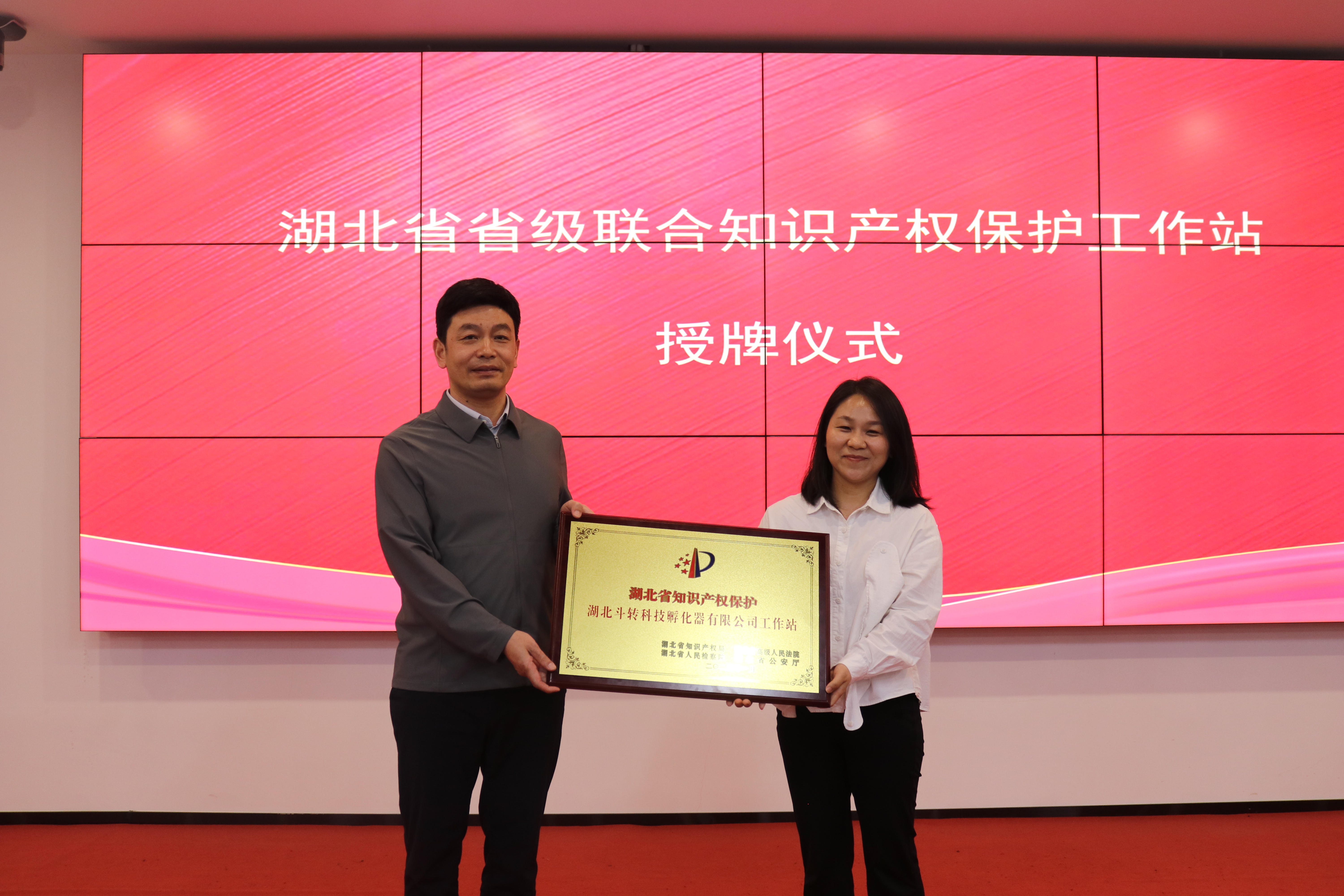 武昌区市场监管局相关负责人为第二批省级联合知识产权保护工作站（斗转科技园）授牌
