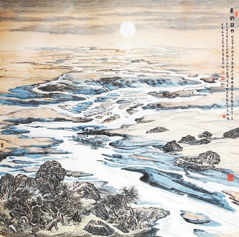 长河落日（中国画）丁玉龙　（本版图片由张掖市美术家协会提供）