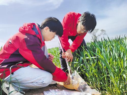 4月22日，中国农业大学付庄科技小院研究生孙小东（右）、范鑫灿（左）正在进行土壤取样。本报记者 孙青摄
