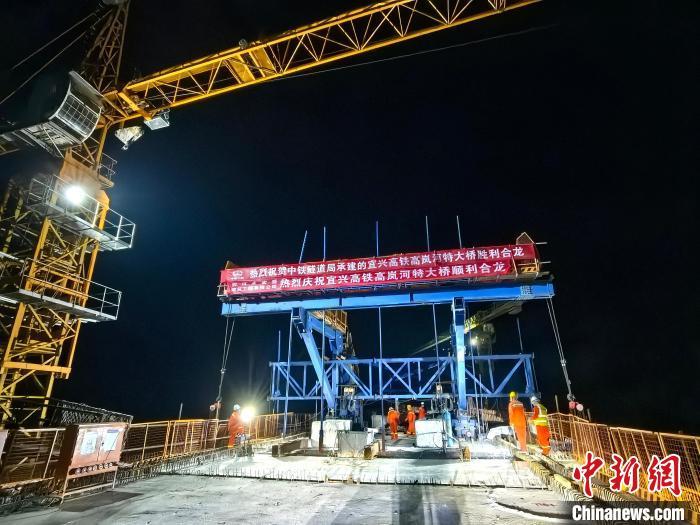 施工人员在高岚河特大桥9号桥墩与10号桥墩间浇筑混凝土。李斌 摄