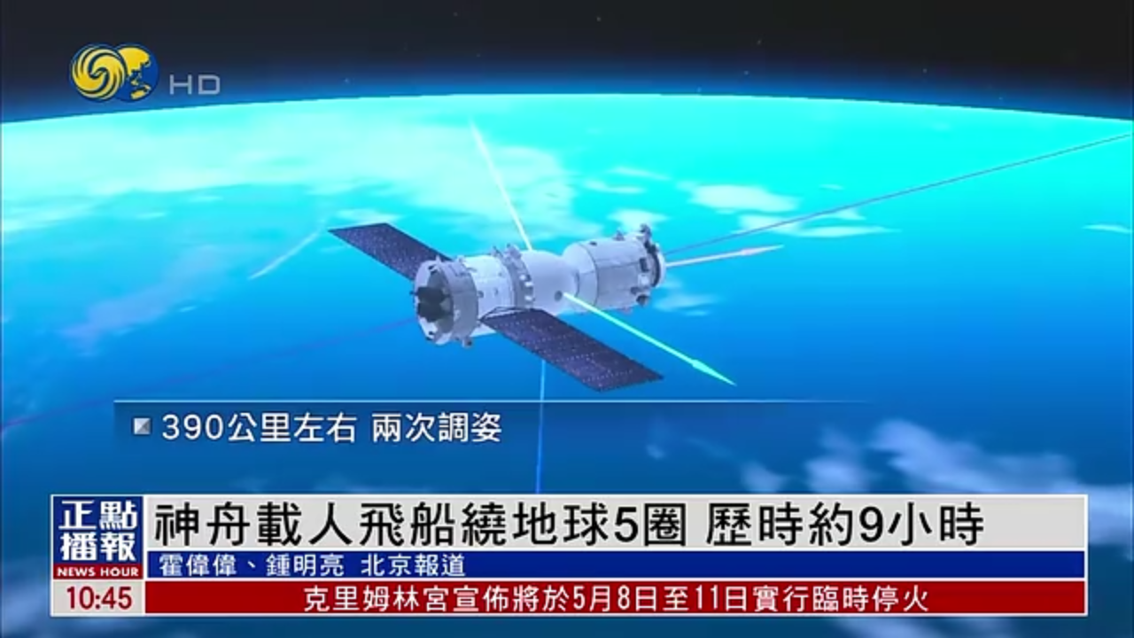 神舟载人飞船采用绕地球5圈返回方案 历时约9小时