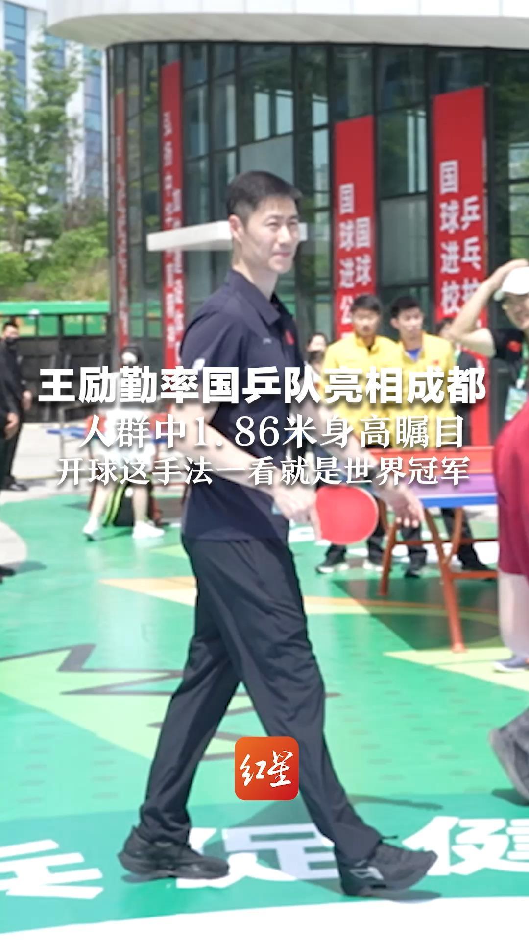 王励勤率国乒队亮相成都  人群中1.86米身高瞩目  开球这手法一看就是世界冠军
